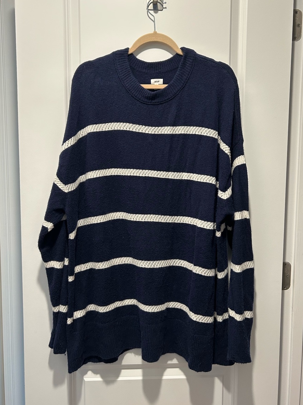 Aerie Softest Luxe Crew Sweater XL Navy Blue White Stripe Oversized Knit